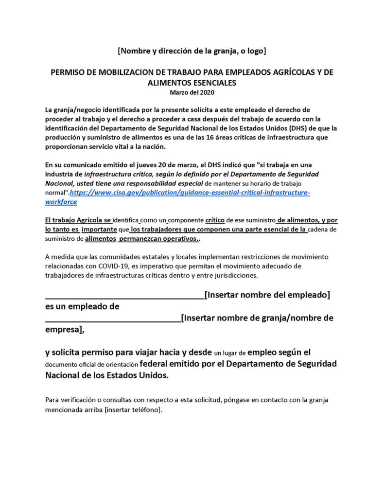 Permission for Essential Food and Agricultural Employee Work-Spanish
